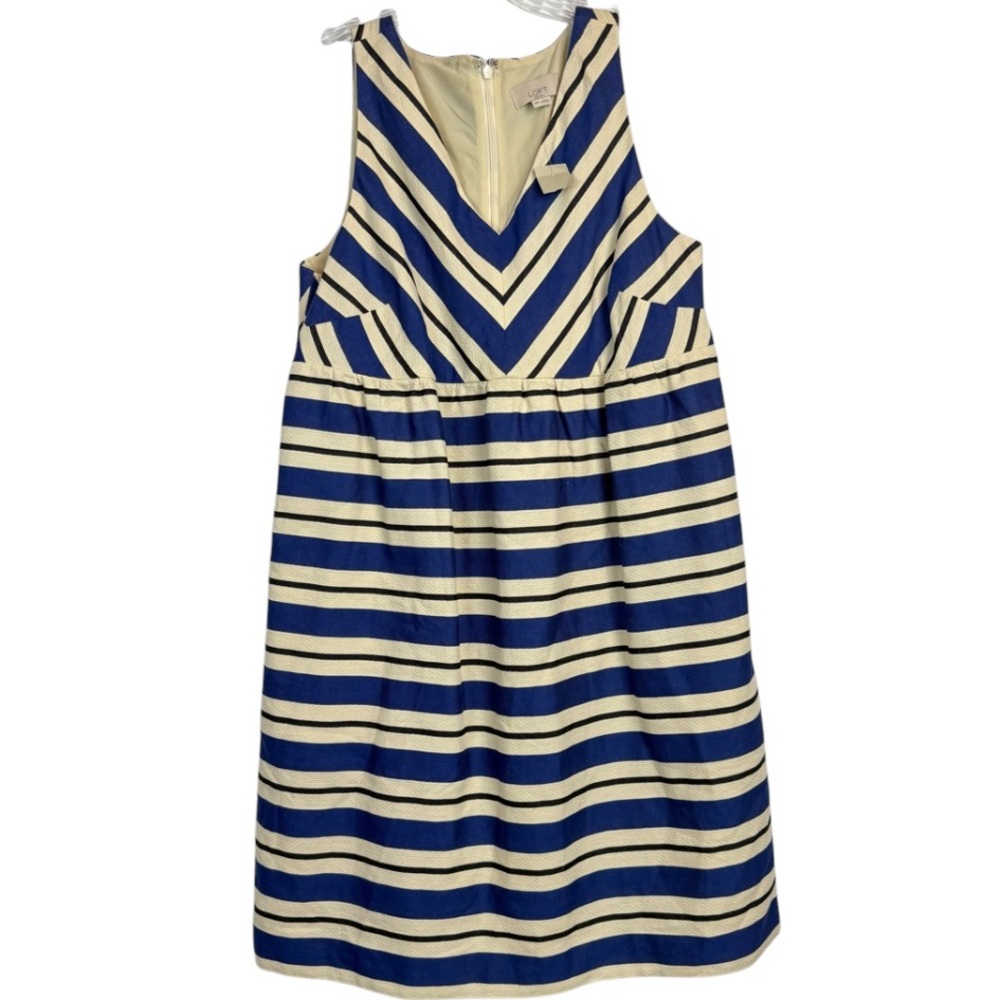 NWT LOFT Sleeveless Blue Black Beige Striped 100% Cotton Dress Size 8 P